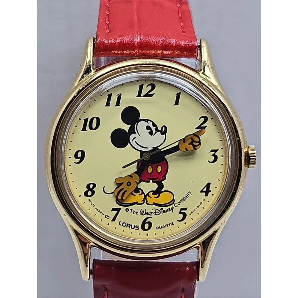 Vintage Lorus Disney Mickey Mouse Gold Tone Quartz Watch Leather 80s New Battery